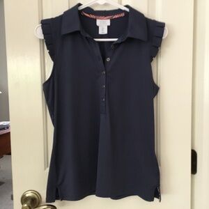 Sigrid Olsen Navy Sleeveless Golf and Tennis Top with Ruffle Shoulder Detail